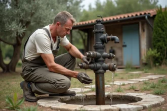Homme en overalls examine une pompe à eau cassée dans un jardin