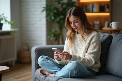 Jeune femme consultant l'actualité peoples sur son smartphone depuis son canapé moderne