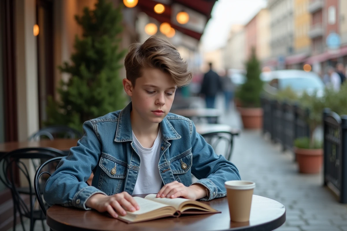 Adolescent lisant un roman romance pour ados en terrasse de café dans une ville européenne