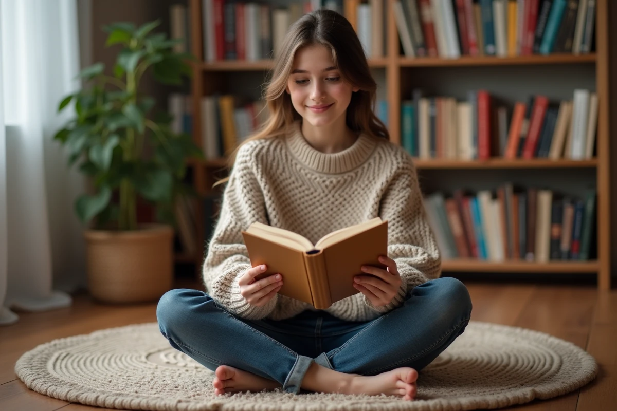 Adolescente souriante lisant un roman romance assis sur le sol de sa chambre entourée de livres