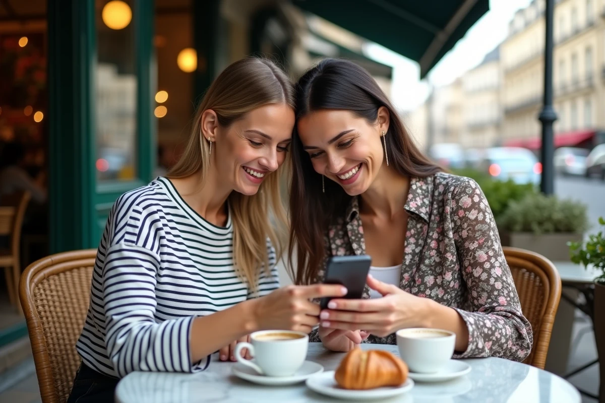Deux amies partageant des scoops de célébrités sur smartphone en terrasse de café