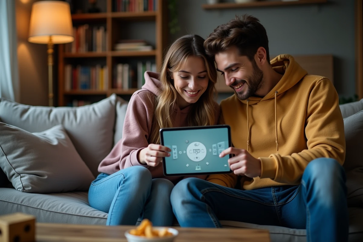 Deux amis utilisant ensemble un solveur de mots sur tablette dans un salon lors d'une soirée jeux de société