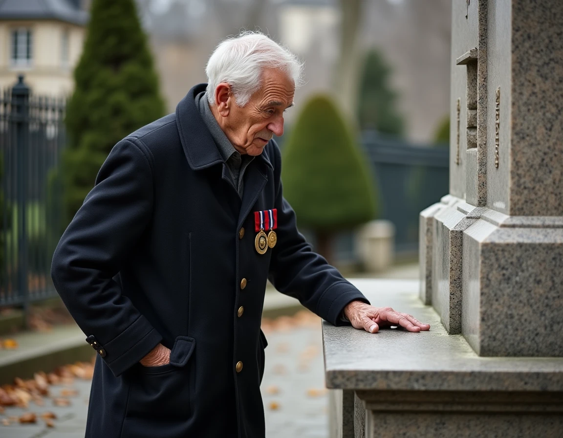 Ancien combattant ému devant un monument aux morts chantant La Marseillaise