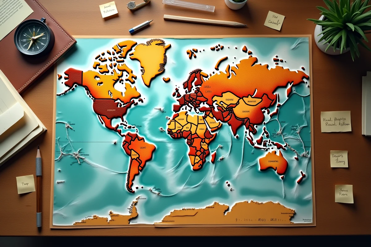 Vue aérienne d'une carte physique du monde sur un bureau de cartographe avec boussole et notes manuscrites sur les plus grands pays