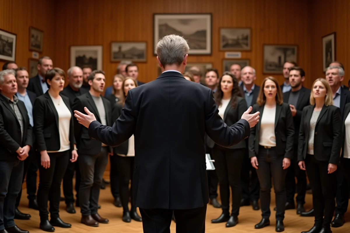 Chorale alsacienne en répétition chantant La Strasbourgeoise dans une salle culturelle traditionnelle de Strasbourg