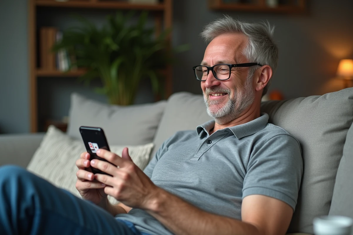 Homme jouant à la coinche sur smartphone dans un salon confortable