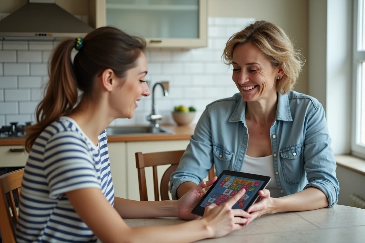 Deux femmes jouant à la coinche en ligne sur une tablette dans une cuisine