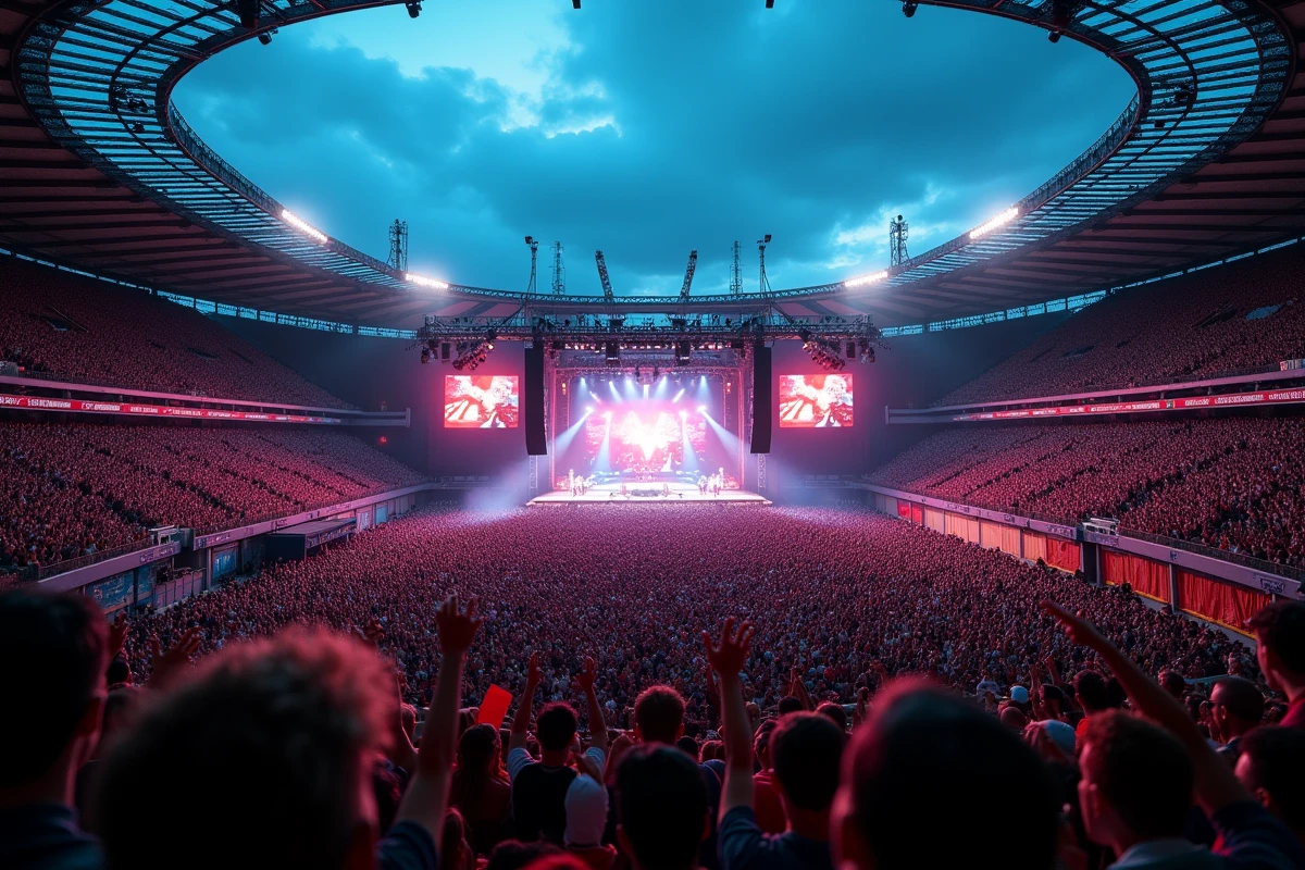 Concert de stade d'un groupe britannique devant une foule immense au crépuscule, vue panoramique