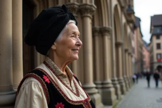 Femme alsacienne en costume traditionnel devant la cathédrale de Strasbourg, symbole du patrimoine culturel alsacien