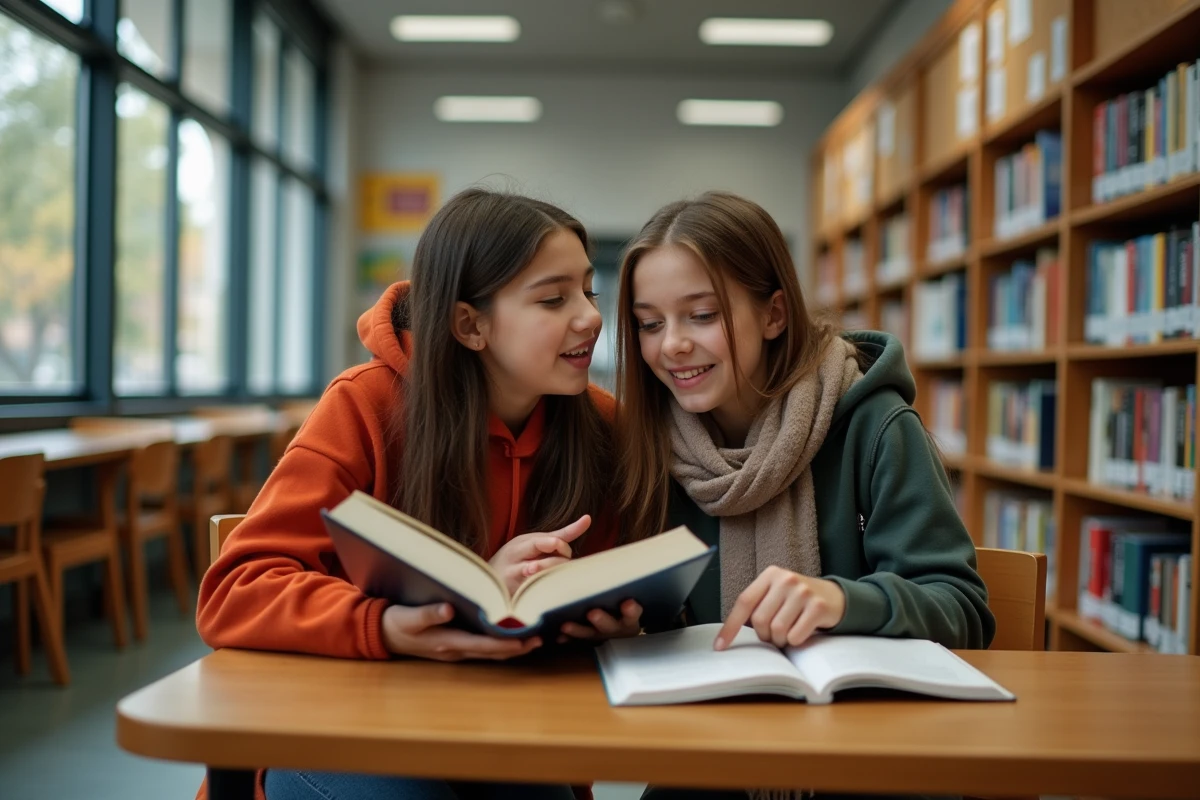 Deux adolescentes discutant de romans romance pour ados dans une bibliothèque scolaire