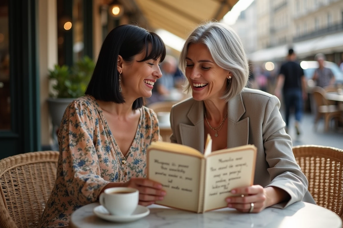 Deux femmes discutant de proverbes sur la femme dans un café parisien, carnet ouvert avec citations d'anniversaire sur table en marbre