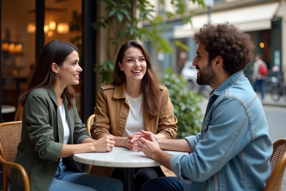 Groupe de personnes discutant dans un café parisien, illustrant le débat public autour de la vie privée et de la célébrité des personnalités médiatiques
