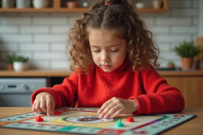 Enfant découvrant les règles du Monopoly Junior en dépliant le plateau de jeu sur une table en bois