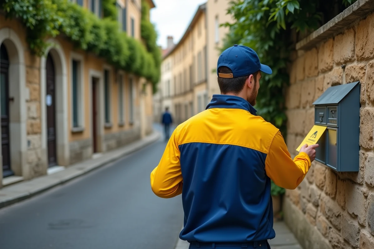 Facteur La Poste déposant un avis de passage dans une boîte aux lettres d'une rue résidentielle française