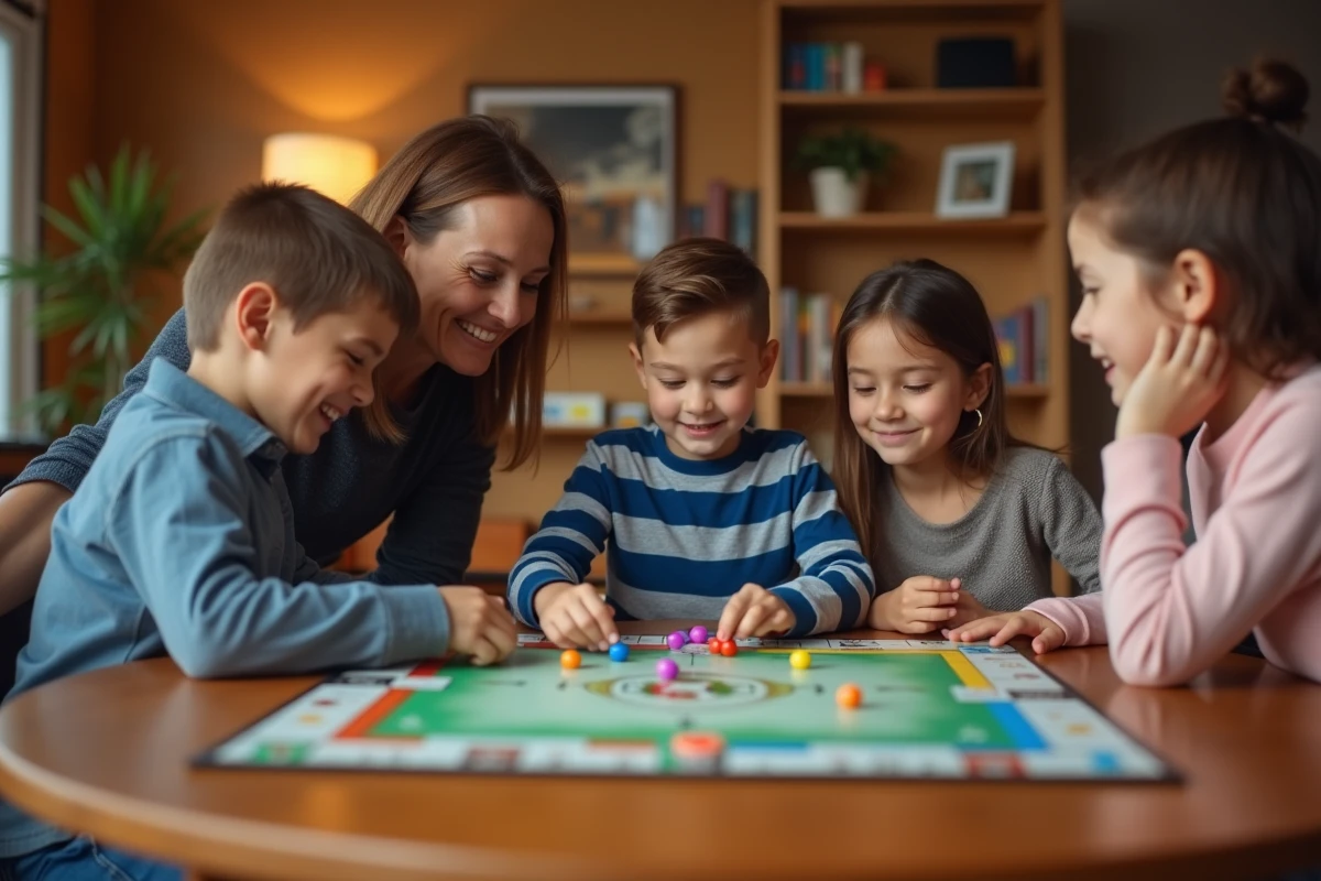 Famille jouant ensemble au Monopoly Junior autour d'une table, avec plateau, dés et billets colorés