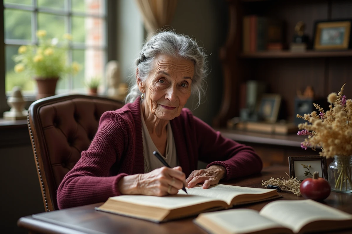 Femme âgée élégante écrivant des proverbes et citations d'anniversaire dans un journal sur un bureau ancien entouré de livres et fleurs séchées