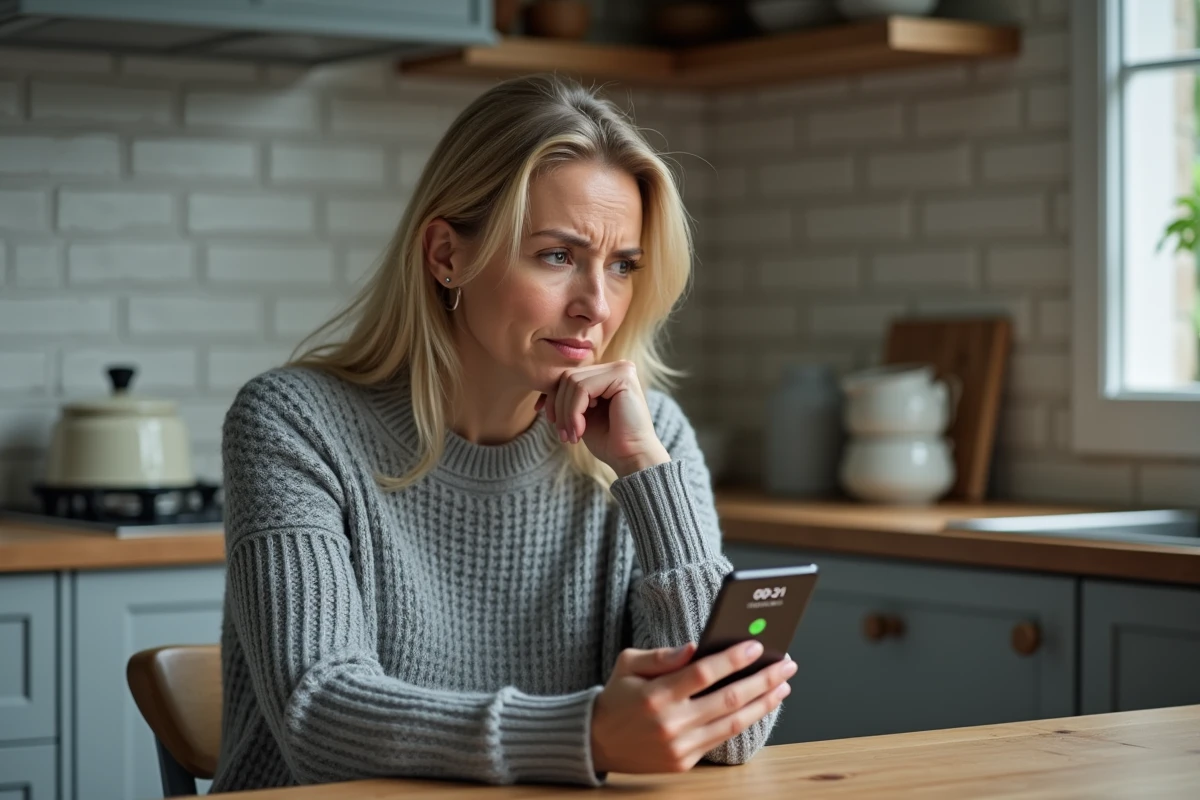 Femme inquiète recevant un appel suspect avec indicatif 0031 sur son smartphone dans une cuisine moderne