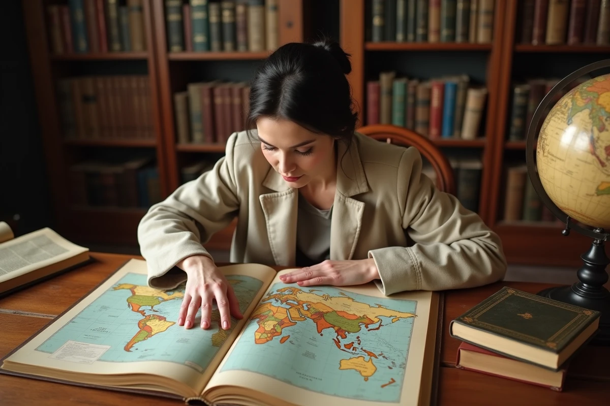 Femme consultant un atlas vintage ouvert dans une bibliothèque, étudiant la superficie des plus grands pays du monde