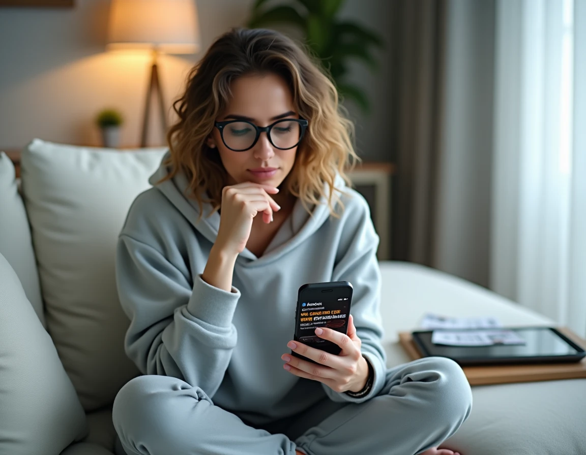 Femme lisant des avis sur une application de jeu en ligne pour évaluer la fiabilité et les pièges potentiels