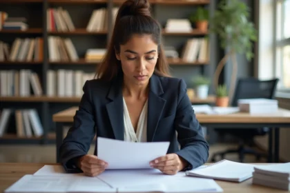 Femme d'origine nord-africaine dans un bureau éditorial examinant des documents, illustrant la recherche d'informations sur une personnalité publique