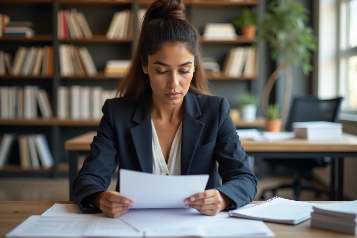 Femme d'origine nord-africaine dans un bureau éditorial examinant des documents, illustrant la recherche d'informations sur une personnalité publique