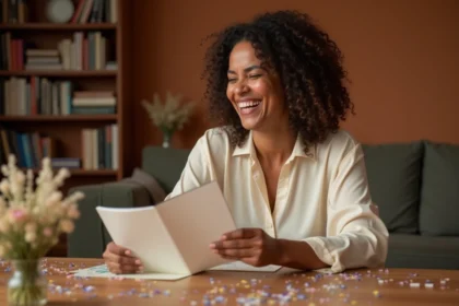 Femme d'une quarantaine d'années souriante lisant une carte d'anniversaire avec un proverbe sur la femme, décoration florale sur une table en bois