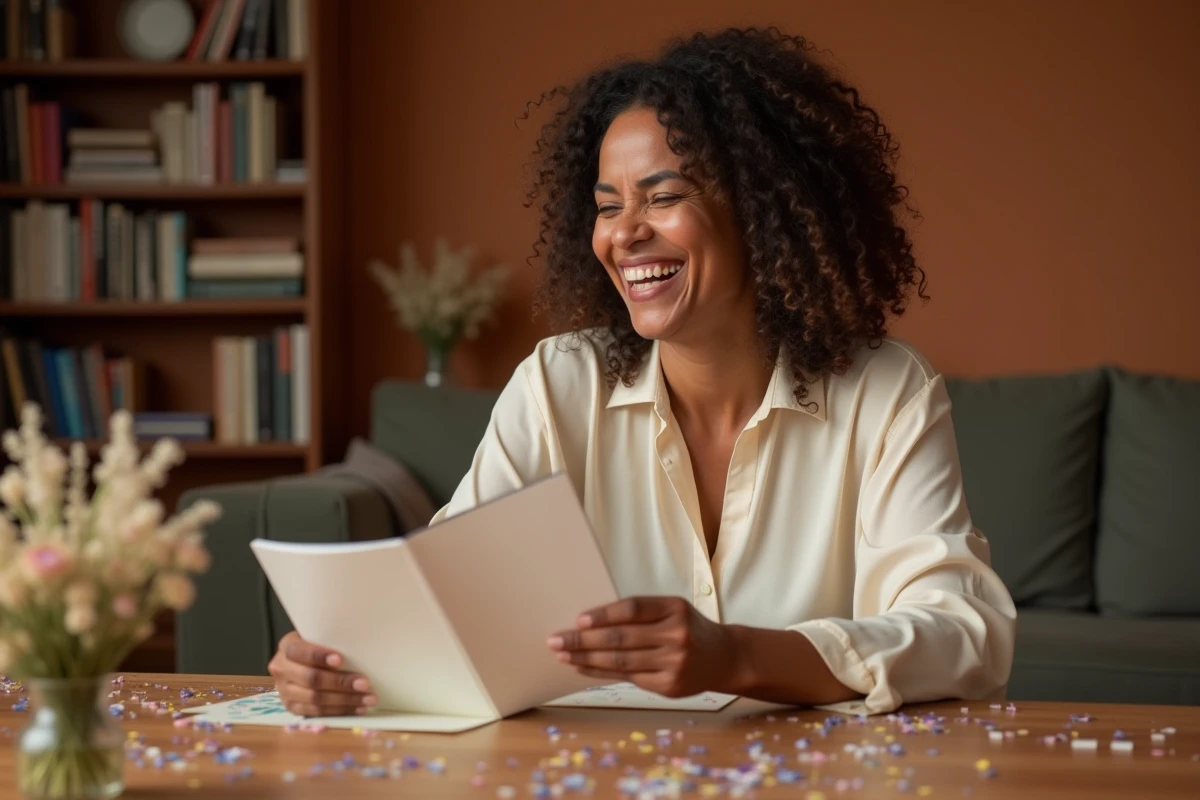Femme d'une quarantaine d'années souriante lisant une carte d'anniversaire avec un proverbe sur la femme, décoration florale sur une table en bois