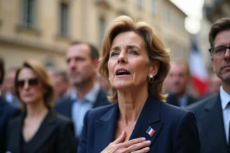 Femme émue chantant La Marseillaise lors d'une cérémonie publique en France