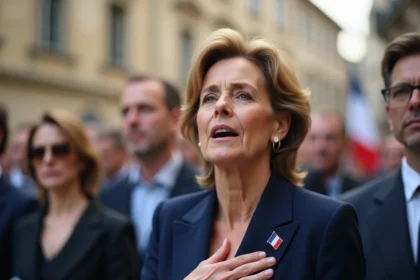 Femme émue chantant La Marseillaise lors d'une cérémonie publique en France