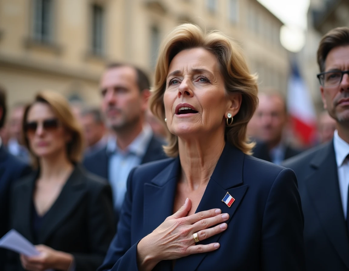 Femme émue chantant La Marseillaise lors d'une cérémonie publique en France