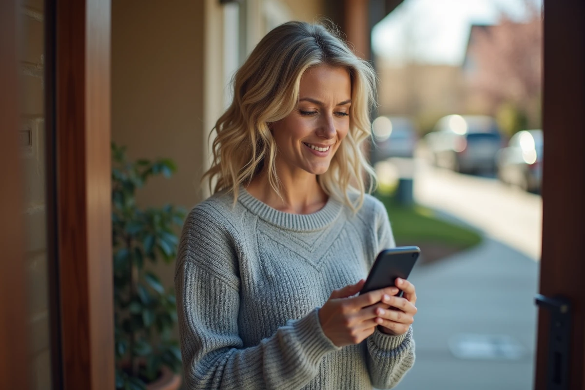 Femme consultant une application de reprogrammation de livraison La Poste sur son smartphone devant sa porte d'entrée