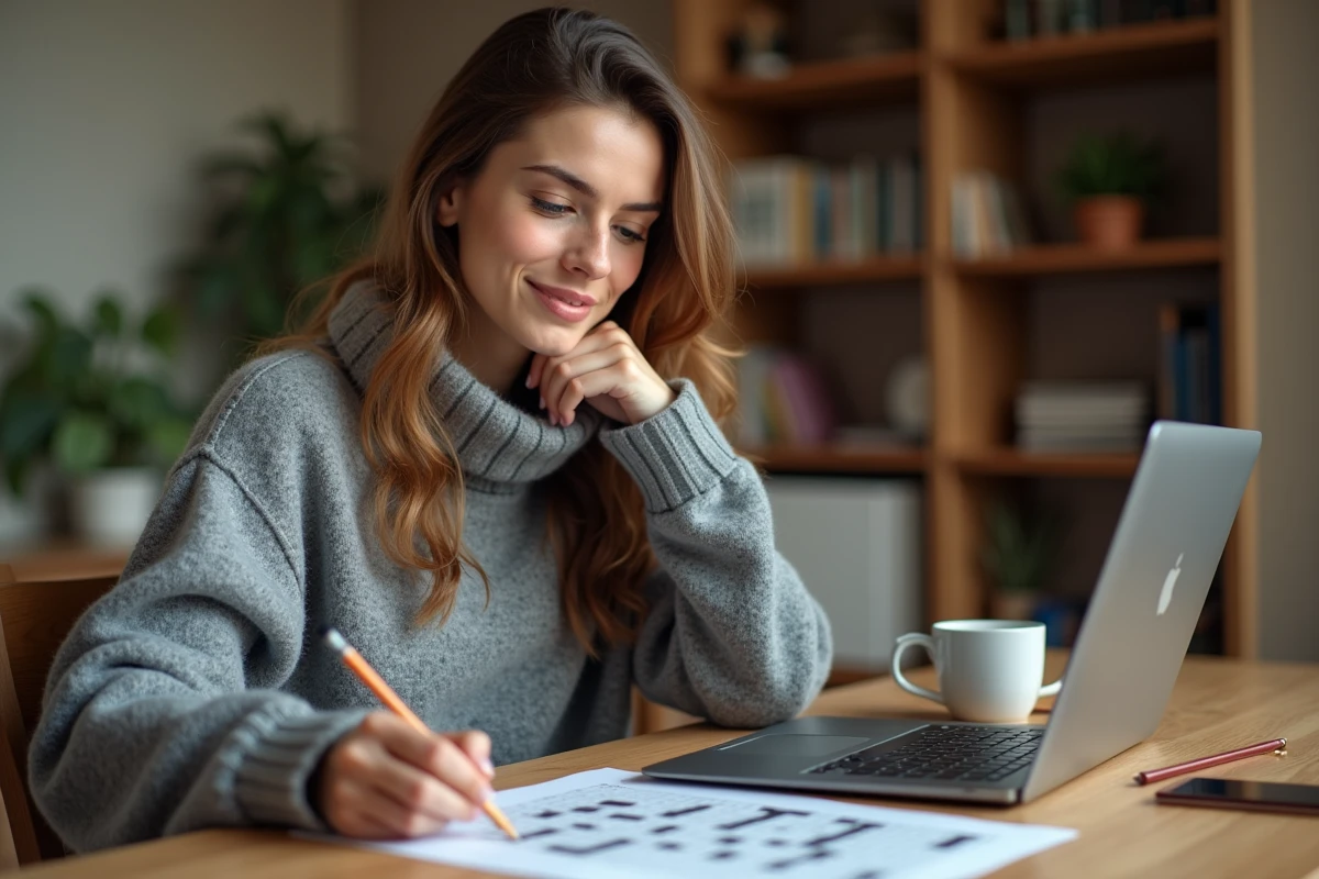 Femme utilisant un solveur de mots en ligne sur ordinateur portable avec une grille de mots croisés posée sur un bureau en bois