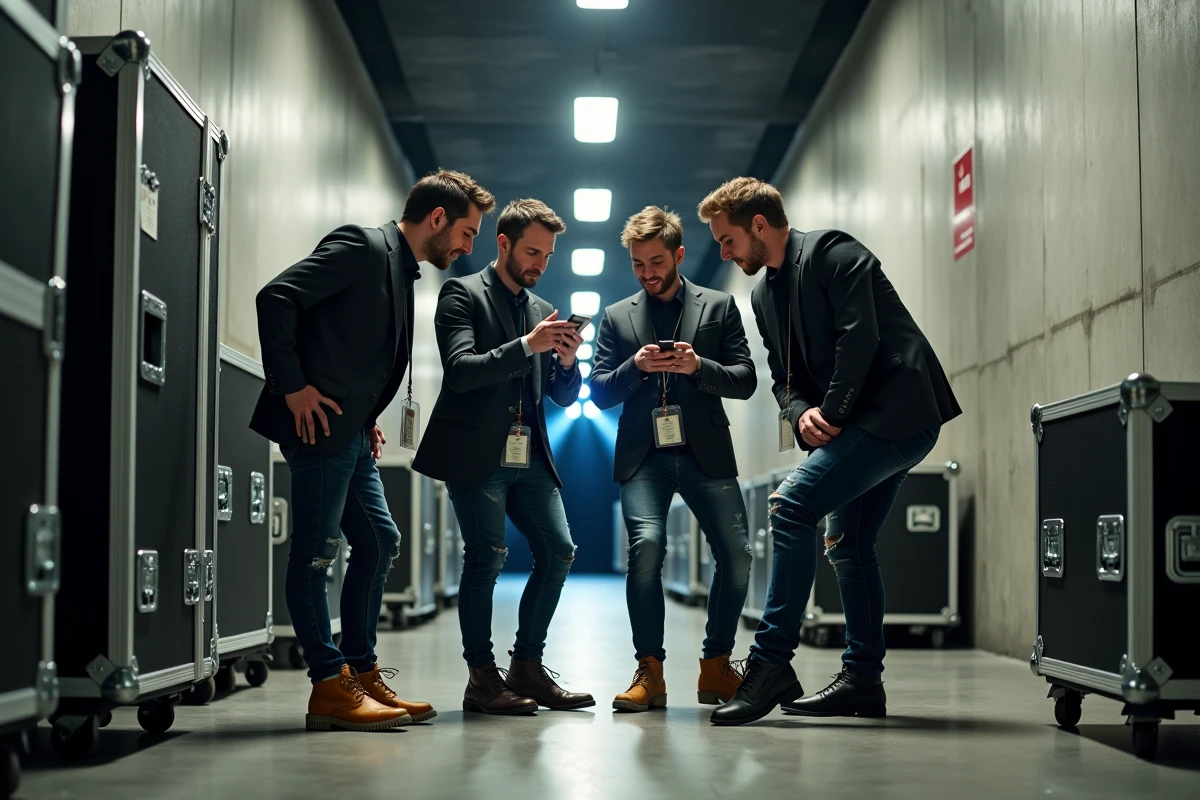Groupe de musique anglais en coulisses avant un grand concert de stade, ambiance documentaire