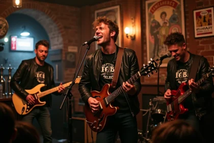 Groupe de rock britannique jouant sur une petite scène de pub londonien devant une foule enthousiaste
