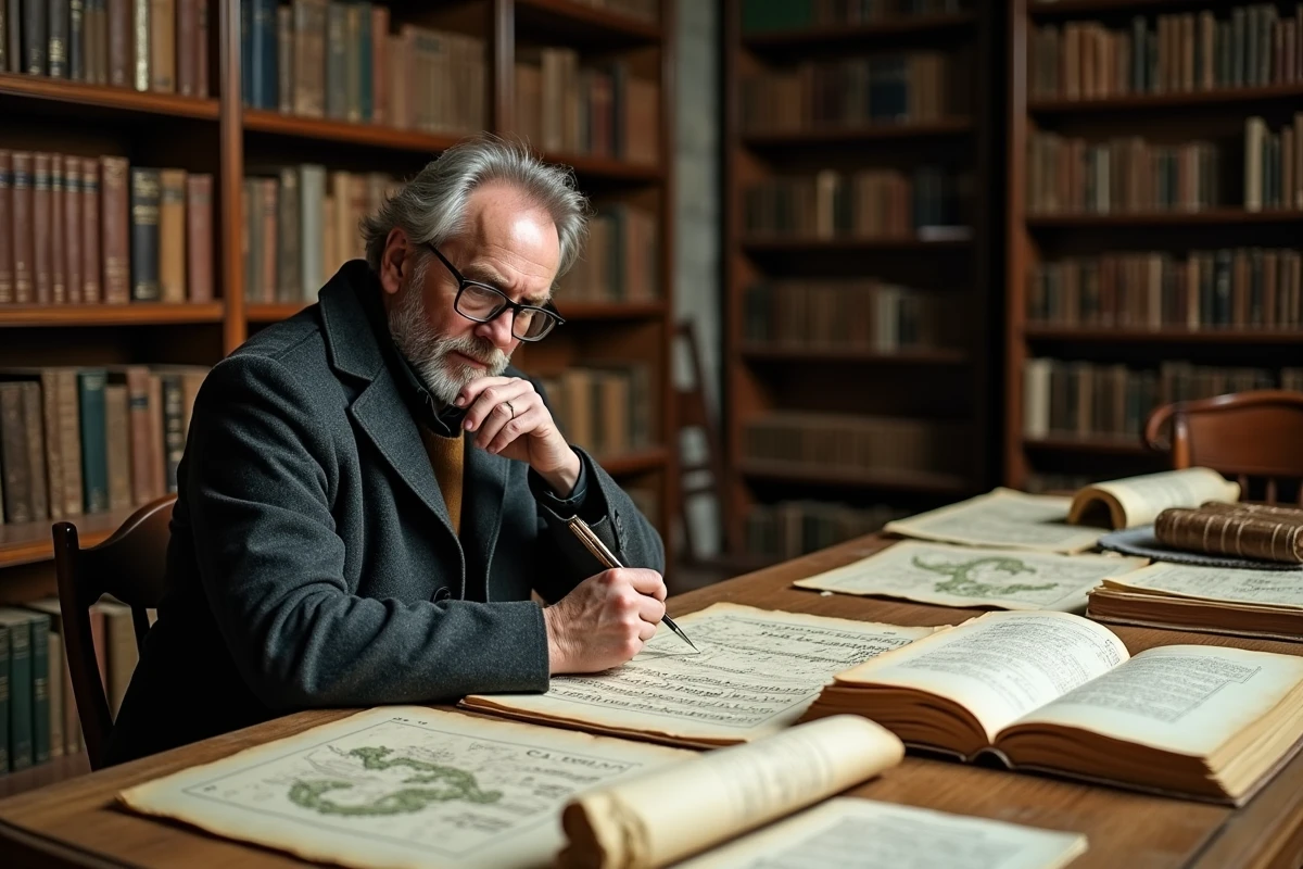 Historien étudiant des manuscrits alsaciens anciens dans une bibliothèque de Strasbourg pour comprendre le patrimoine chanté de la région