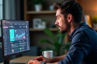 Homme analysant une plateforme de jeu en ligne Maxwin sur son ordinateur portable avec des notes de fiabilité et gains
