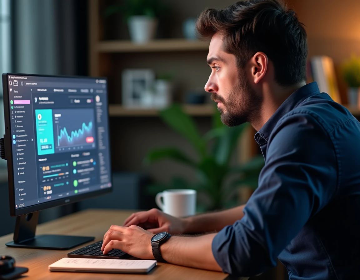 Homme analysant une plateforme de jeu en ligne Maxwin sur son ordinateur portable avec des notes de fiabilité et gains