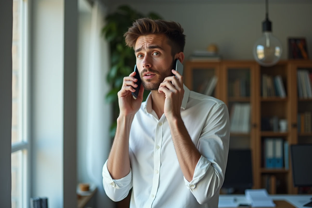 Jeune homme perplexe regardant un appel entrant d'un numéro international 0031 dans un bureau à domicile