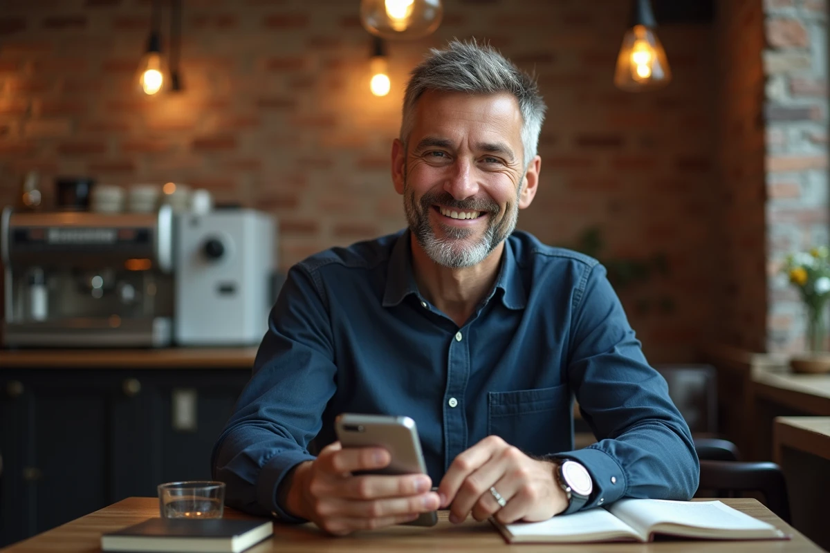 Homme consultant une application solveur de mots sur smartphone dans un café avec un carnet de jeux de mots ouvert