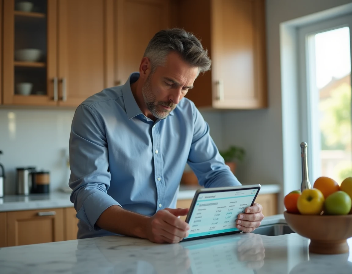 Homme évaluant un tableau de gains financiers sur une tablette dans une cuisine moderne pour éviter les pièges des plateformes en ligne