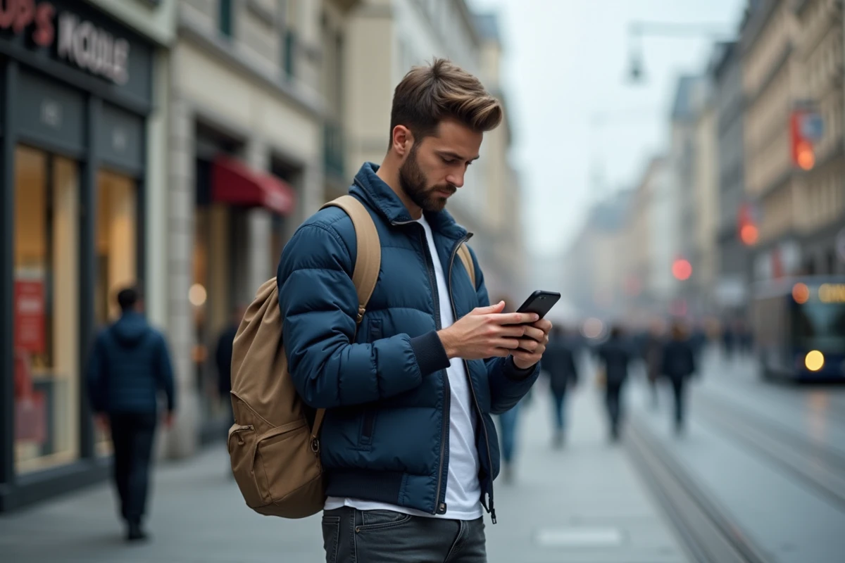 Homme lisant les news peoples sur mobile dans une rue animée de la ville