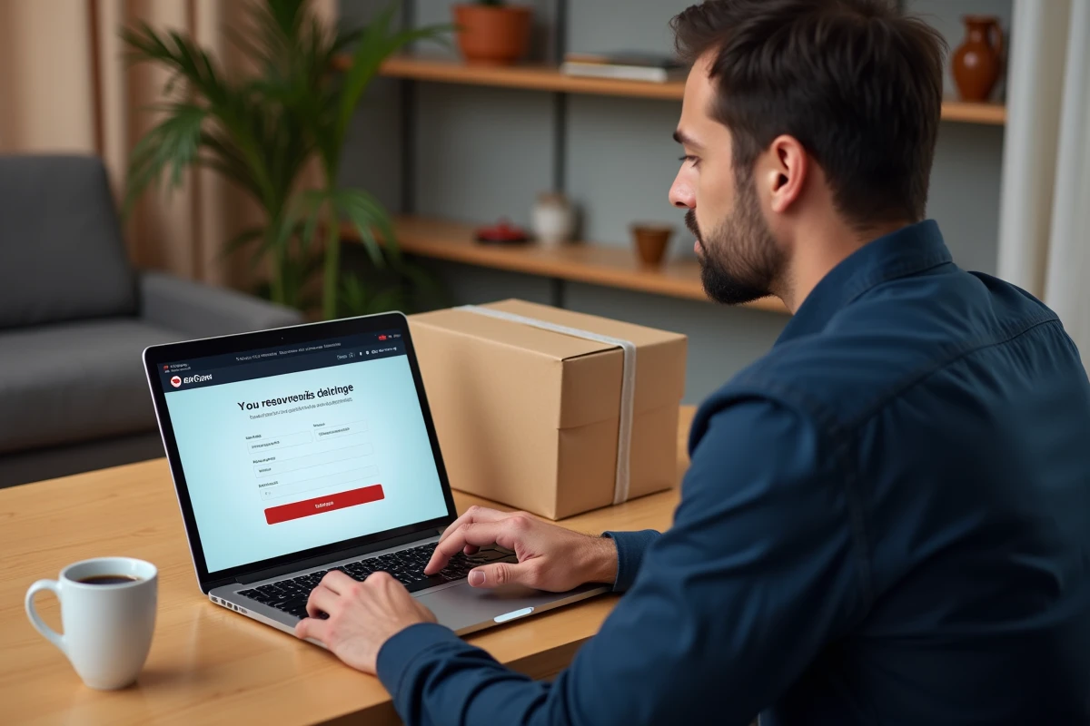 Homme reprogrammant une livraison La Poste sur le site officiel depuis son bureau à domicile