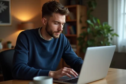Homme jouant à la coinche en ligne sur un ordinateur portable dans un bureau à domicile