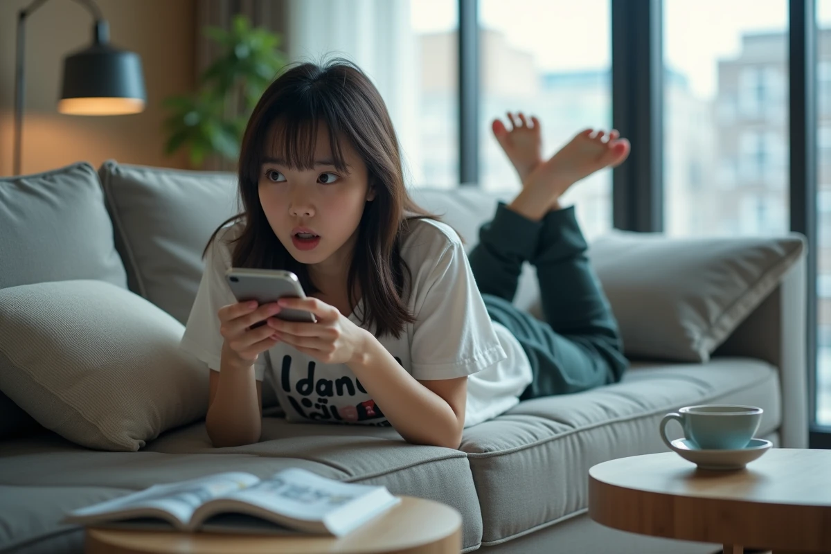 Jeune femme lisant le scan One Piece 1148 sur son smartphone avec une expression de surprise dans son appartement