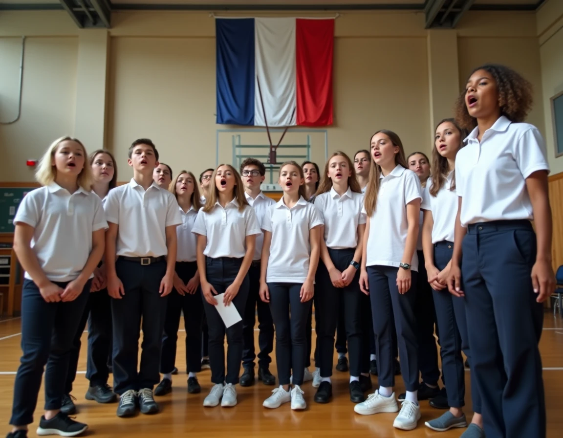Lycéens chantant La Marseillaise dans un gymnase scolaire en France