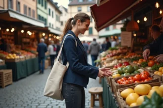 Femme locale faisant ses courses au marché de Strasbourg avec des produits frais alsaciens sur fond de colombages