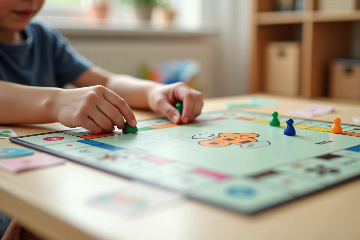 Gros plan sur les mains d'un enfant préparant les pièces et billets du Monopoly Junior avant une partie
