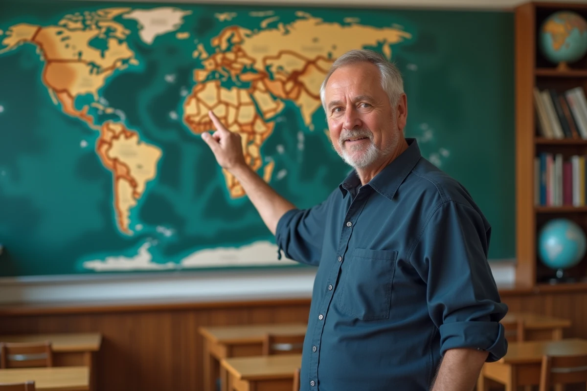 Professeur de géographie pointant une grande carte du monde dans une salle de classe, illustrant les pays les plus grands du monde