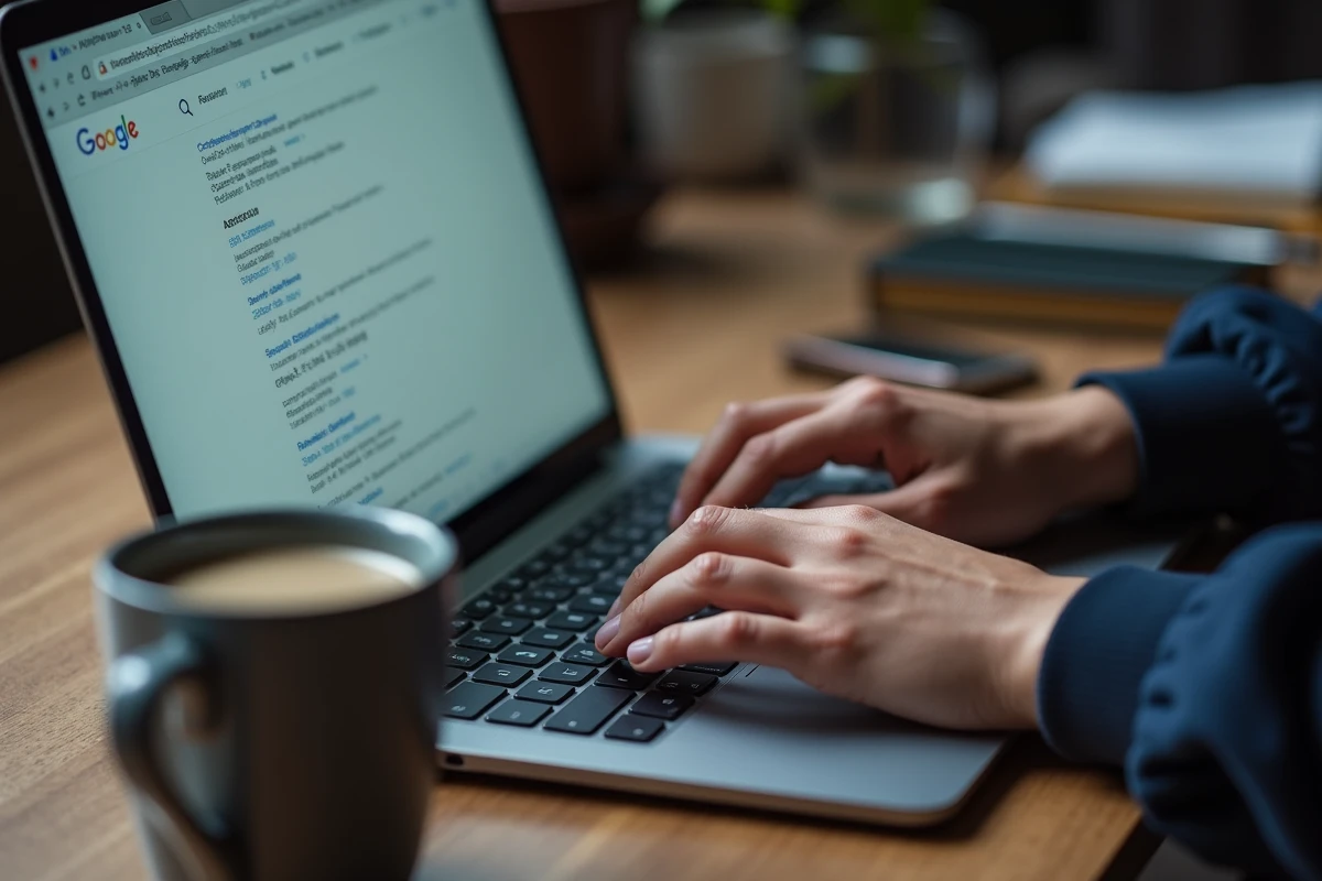 Mains tapant sur un clavier d'ordinateur portable lors d'une recherche en ligne sur une personnalité, illustrant la curiosité sur la vie privée des célébrités