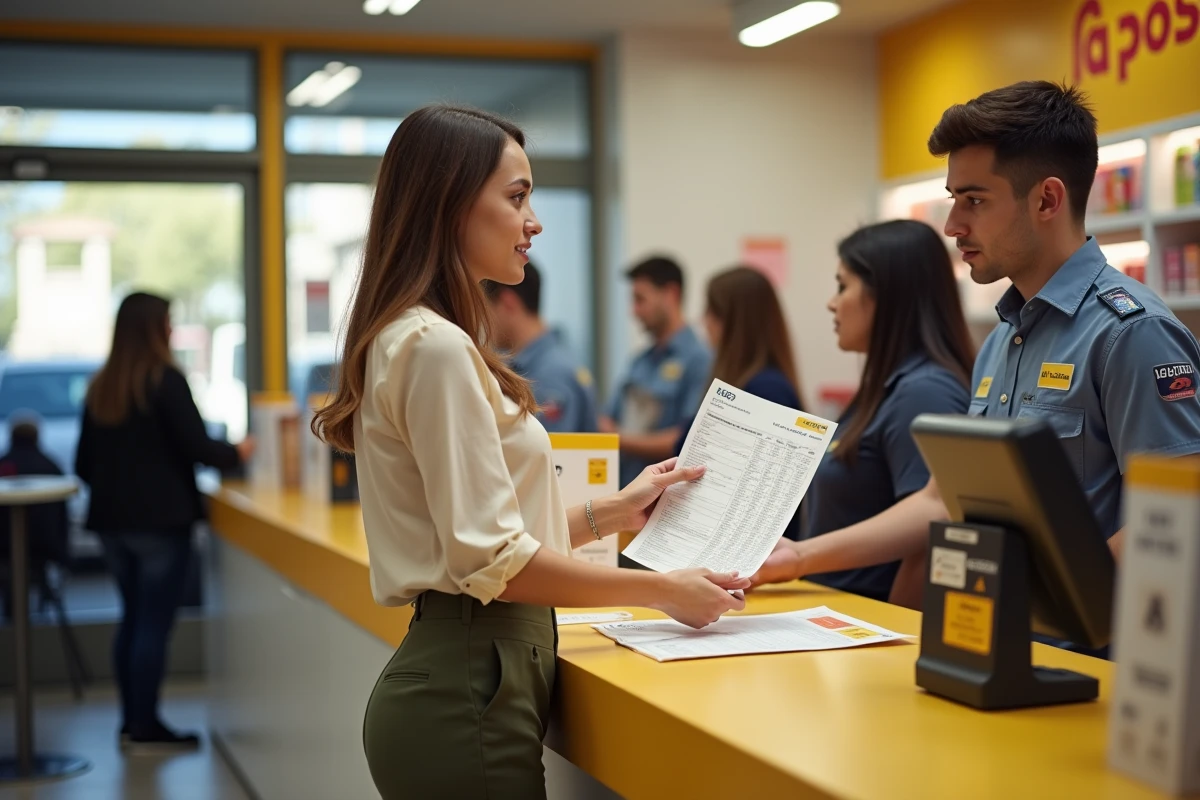 Cliente se renseignant sur la livraison Colissimo le samedi auprès d'un agent au guichet de La Poste